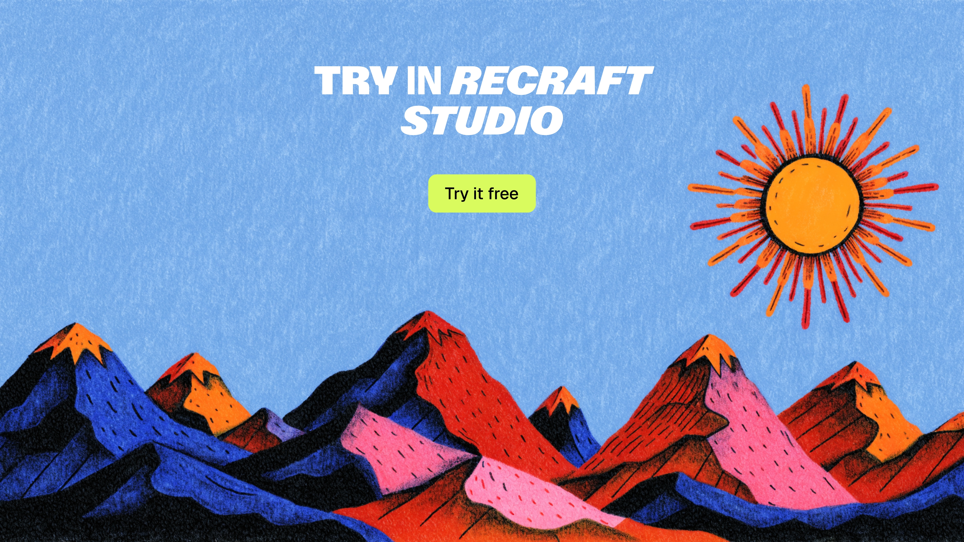 Early Recraft call to action design with illustrated mountains and a sun against a blue background