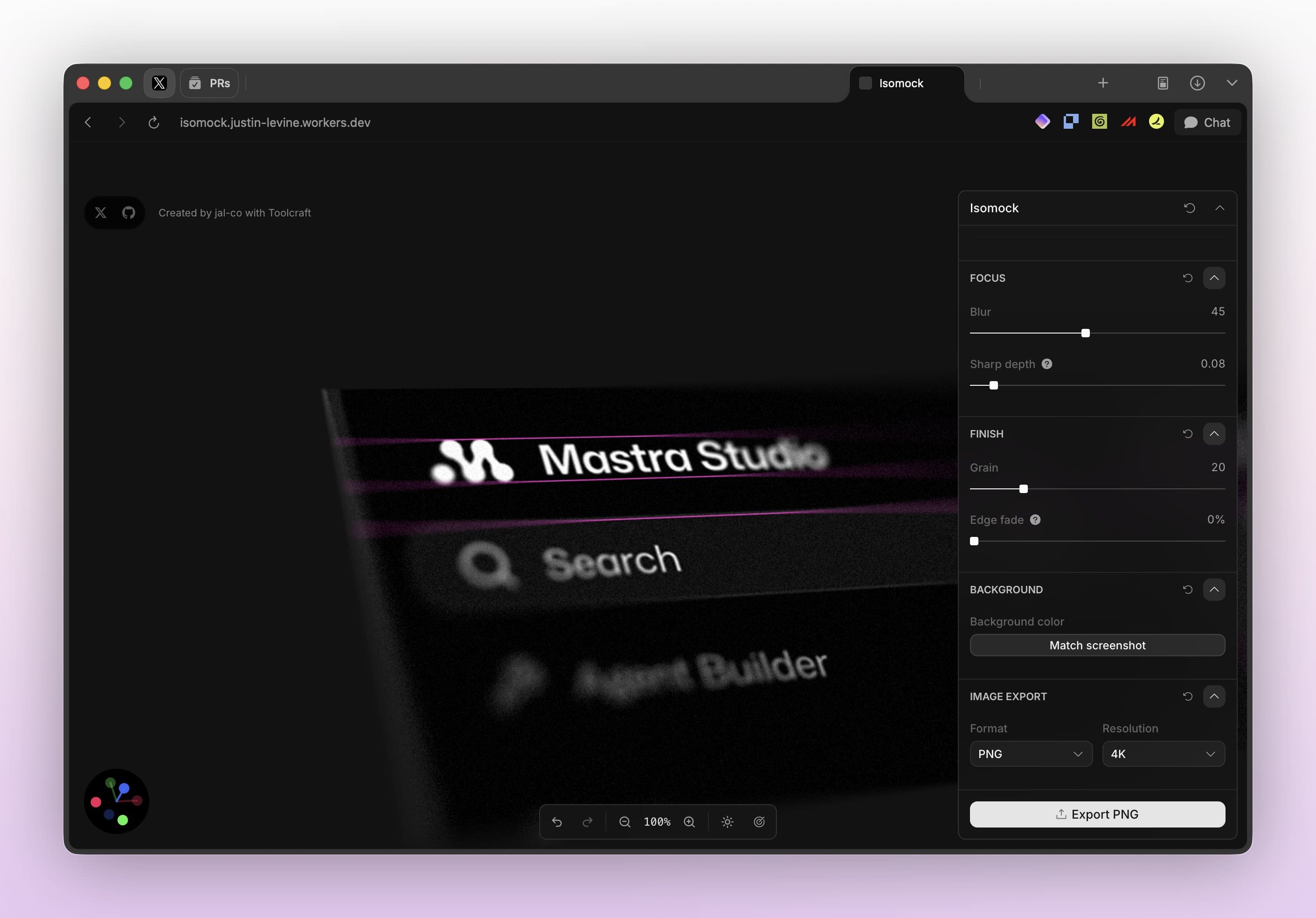 Isomock editor for turning flat screenshots into tilted mockups with depth of field