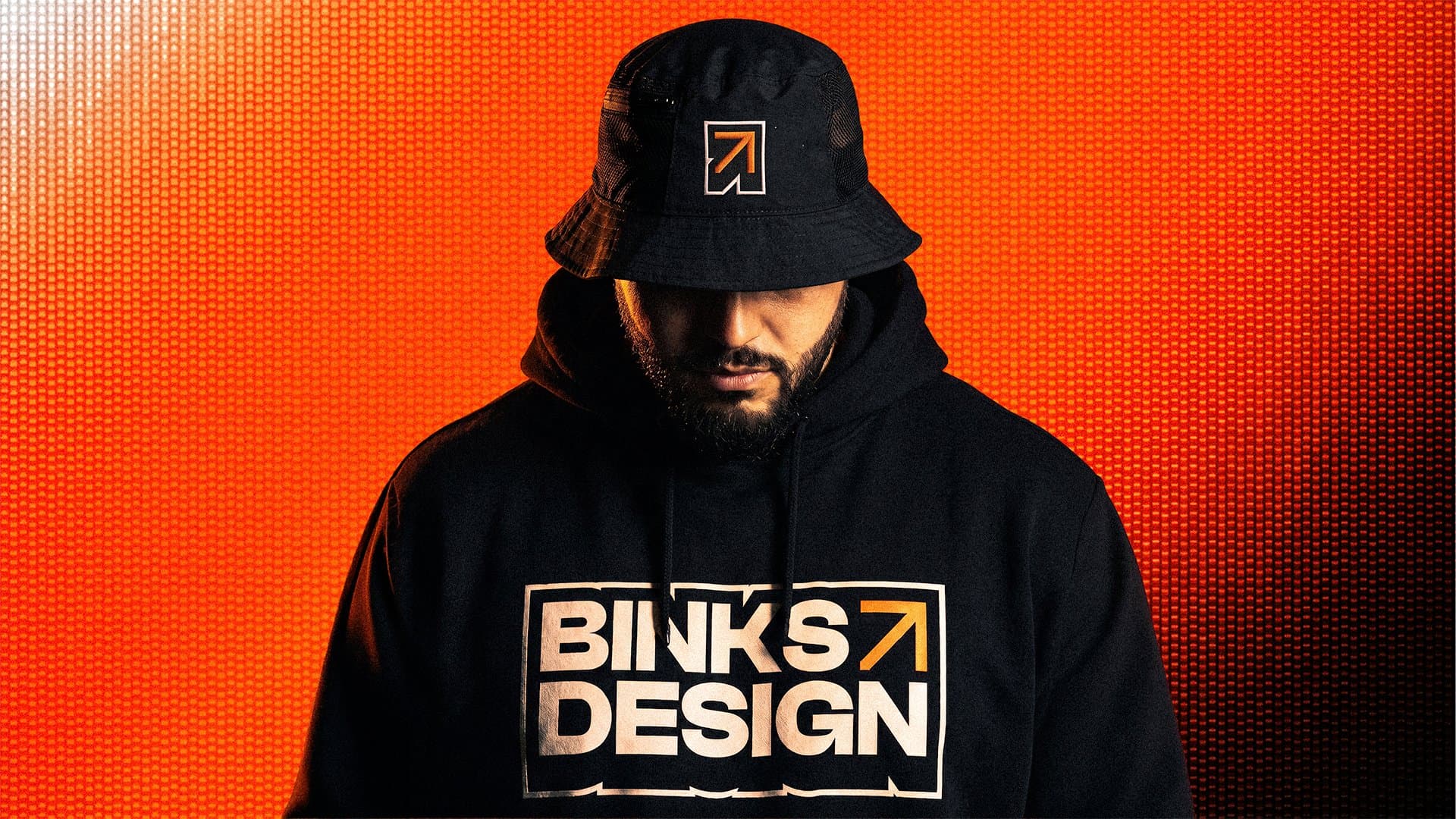 Binks Design visual identity with an orange CRT shader effect