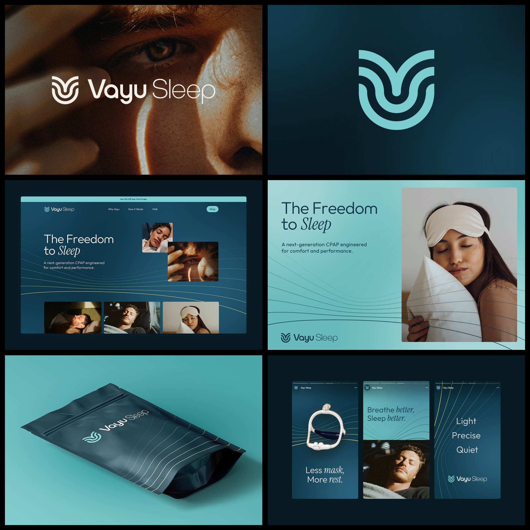 Vayu Sleep branding with logo, website, packaging, and campaign designs